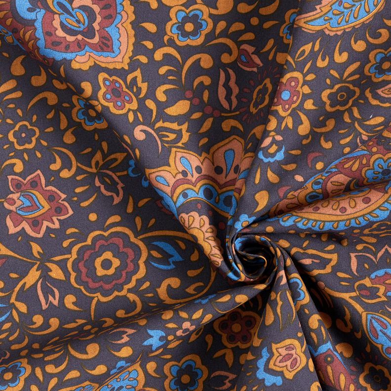 Skjorttyg Retroblommor och paisleymönster – nattblå/karamell, image number 3