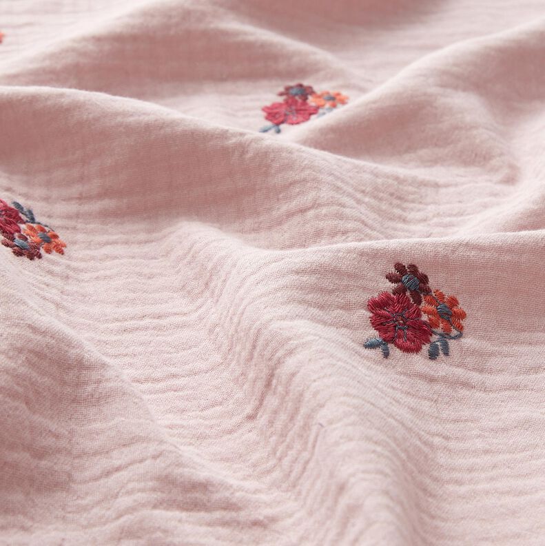 Muslin/Dubbel-krinkelväv Broderade blommor | Poppy Fabrics – ljus gammelrosa,  image number 2