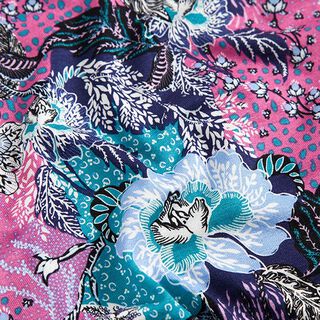 Viskosjersey Frodiga blommor – pink/marinblått, 