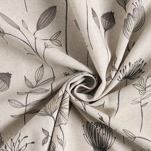 Dekorationstyg Halvpanama Tecknade blommor – natur/mörkbrun,  image number 3
