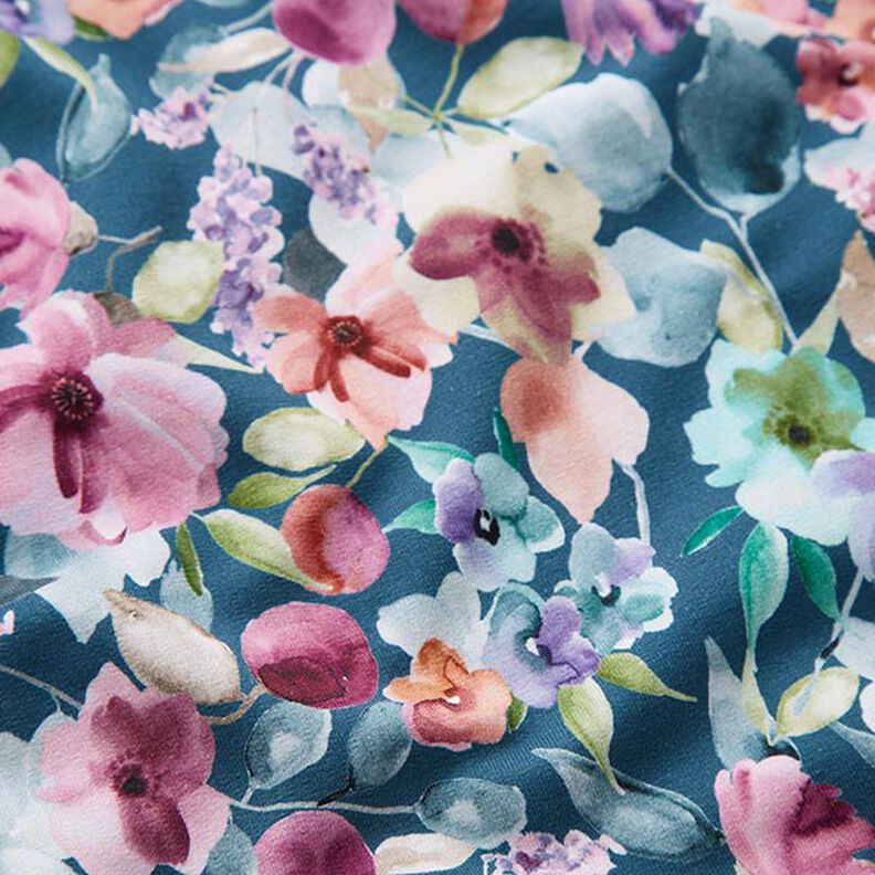 French Terry Sommarsweat blomsteräng i akvarell Digitaltryck – havsblå,  image number 2
