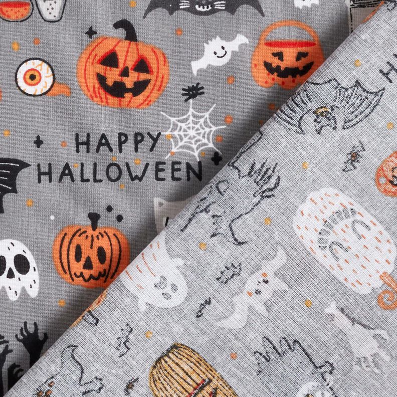 Bomullstyg Poplin Happy Halloween – elefantgrå/ljusorange,  image number 4