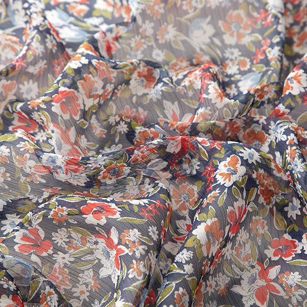 Chiffong plissé spridda blommor – marinblått, image number 2