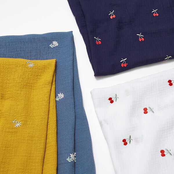 Muslin/Dubbel-krinkelväv broderade småblommor – jeansblå, image number 5