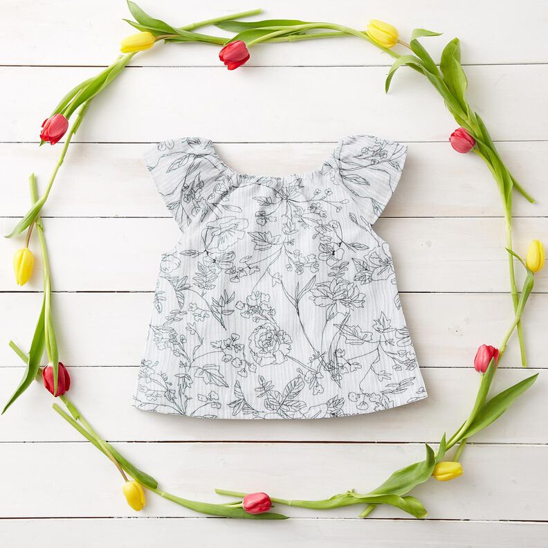 Muslin/Dubbel-krinkelväv Målad blomsteräng – vit/svart,  image number 5