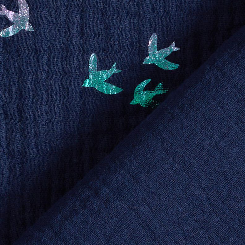 Muslin/Dubbel-krinkelväv Svalor Folietryck | Poppy Fabrics – nattblå/färgmix,  image number 4