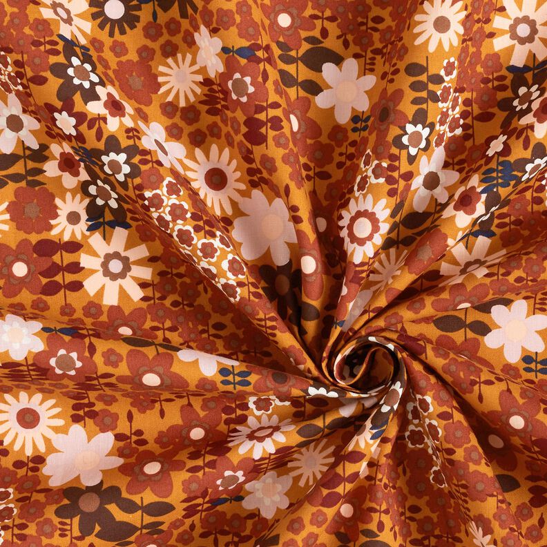 bomullspoplin geometriska blommor – currygul/mörkbrun,  image number 3