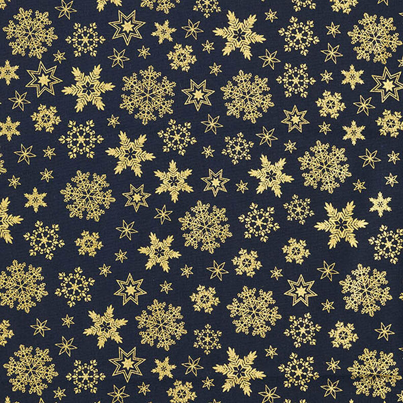 Bomullstyg Poplin snökristaller – nattblå/guld,  image number 1