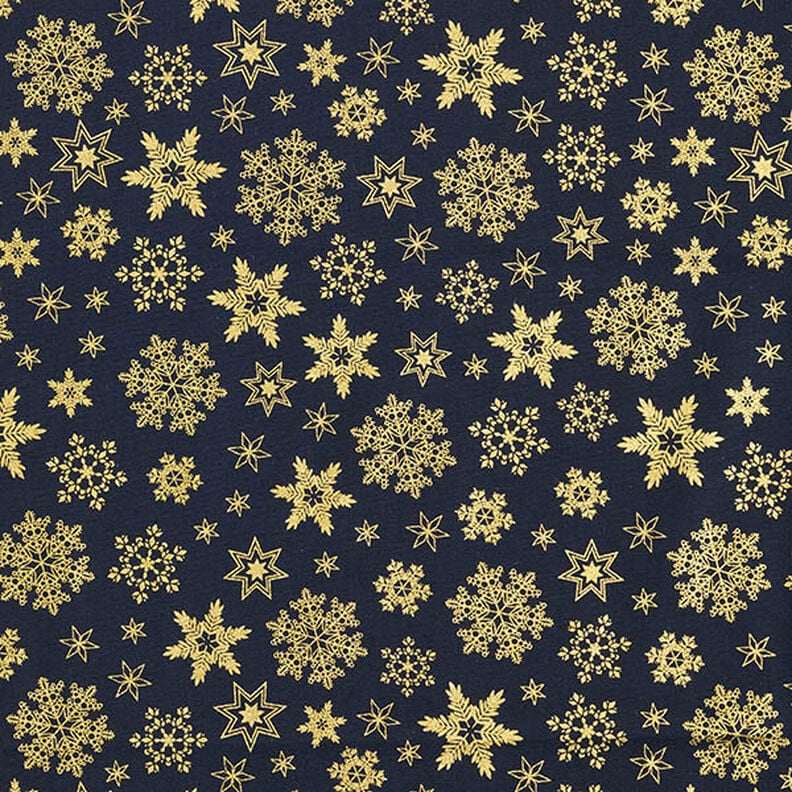Bomullstyg Poplin snökristaller – nattblå/guld, image number 1