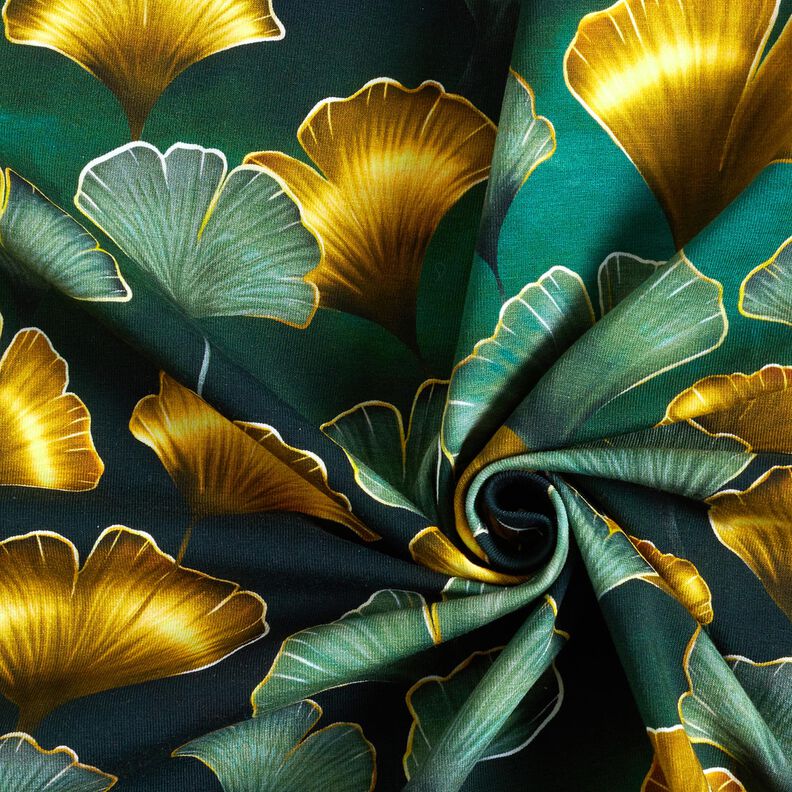 Bomullsjersey Ginkgo | Glitzerpüppi – mörkgrön/gammalguld,  image number 3
