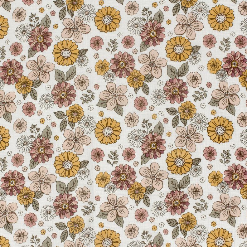 Muslin/Dubbel-krinkelväv retro-blommor – vit, image number 1