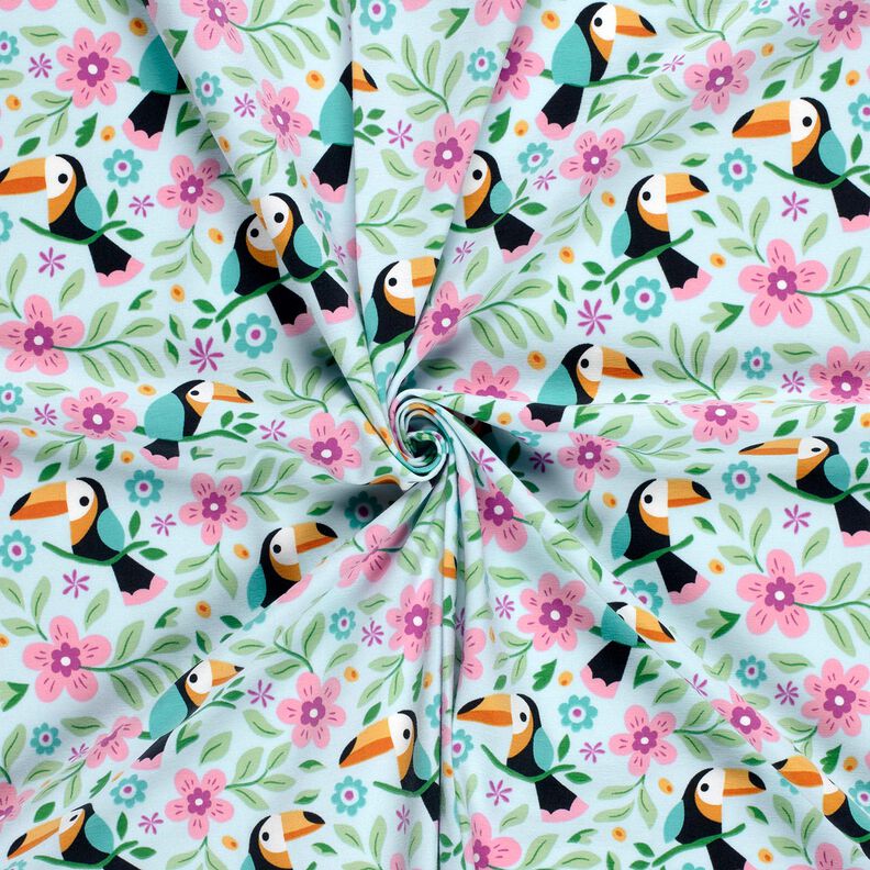Bomullsjersey Tukaner i blomsterdjungeln – babyblått/brandgul,  image number 3