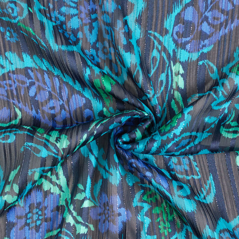 Chiffongsatin glitterränder paisleyblommor – turkos/svart, image number 4