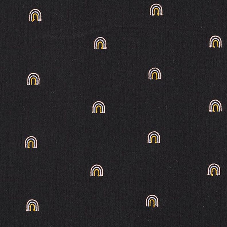 Muslin/Dubbel-krinkelväv broderade regnbågar – svart,  image number 1