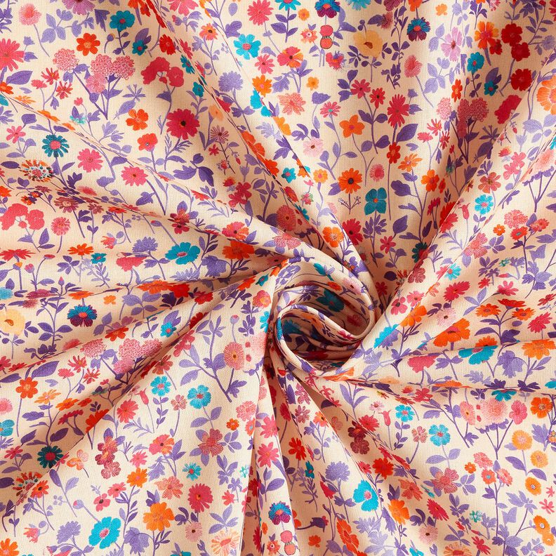 Bomullstyg Poplin färgglada blommor – ljusbeige/lavender, image number 3