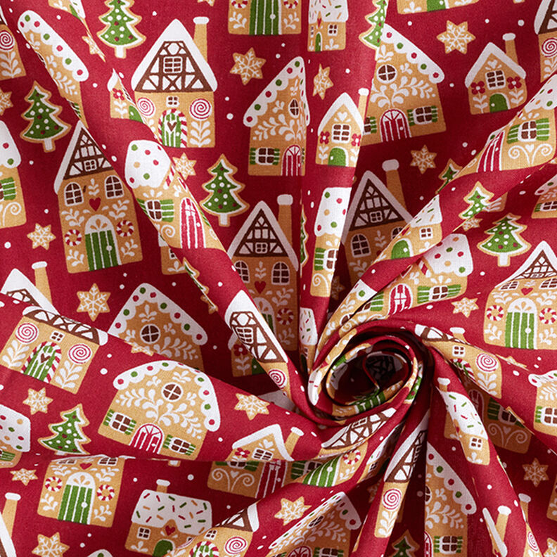 Bomullstyg Kretong pepparkakshus – karminröd, image number 3