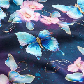 Bomullsjersey glittrande fjärilar och blommor | Glitzerpüppi  – nattblå/isblå,  Bomullsjersey glittrande fjärilar och blommor | Glitzerpüppi  – nattblå/isblå,