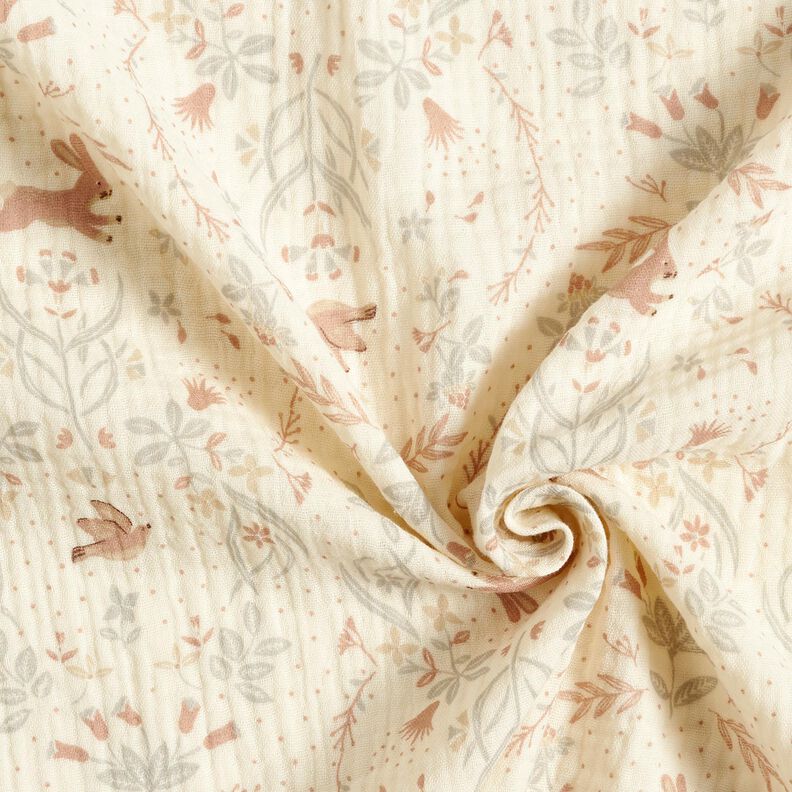 Muslin/Dubbel-krinkelväv fågel och kanin i blomsterträdgården – yllevit, image number 3
