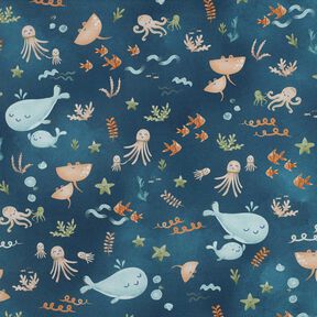 Bomullspoplin Glada havsdjur Digitaltryck | Poppy Fabrics – havsblå, 