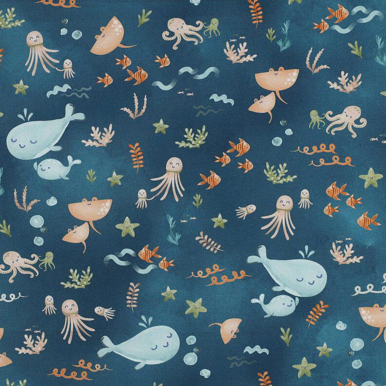 Bomullspoplin Glada havsdjur Digitaltryck | Poppy Fabrics – havsblå, image number 1