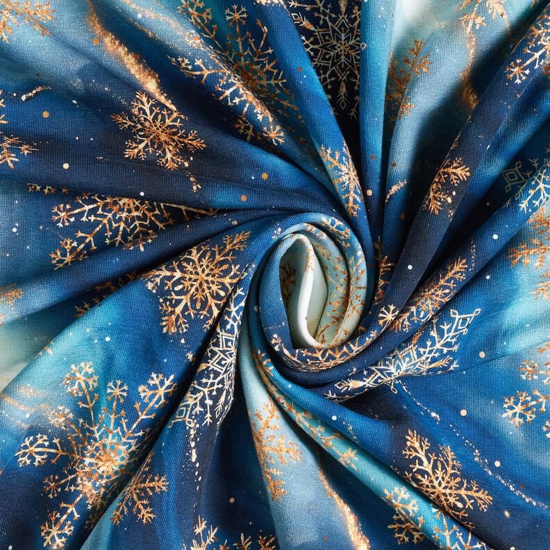 French Terry Sommarsweat snöflingor Vintergatan | Glitzerpüppi – indigo/gammalguld, image number 3