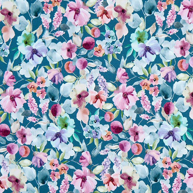 French Terry Sommarsweat blomsteräng i akvarell Digitaltryck – havsblå,  image number 1