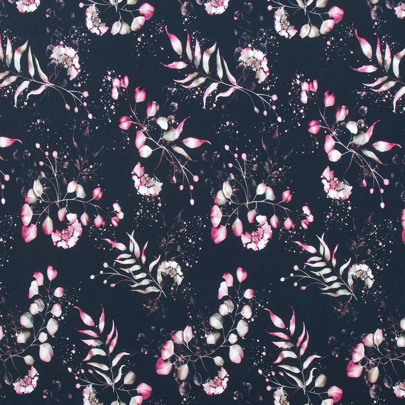 Bomullsjersey eukalyptus och hortensior | Glitzerpüppi – nattblå/rosa,  image number 1