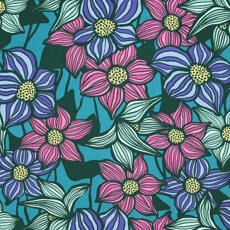 LENZING™ EcoVero™ Viskostyg blommor | Poppy Fabrics – ljus petrol/citrongul,  image number 1