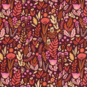 Bomullstyg Kretong Vilda blommor – merlot/purpur, 