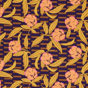 Dekorationstyg Halvpanama Blommor huller om buller – aubergine/ljusorange, 