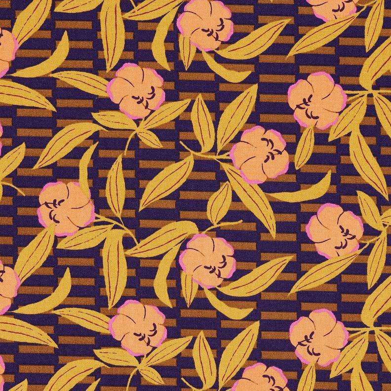 Dekorationstyg Halvpanama Blommor huller om buller – aubergine/ljusorange, image number 1