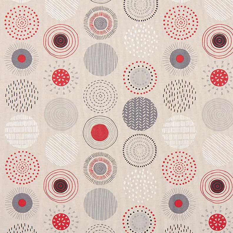 Dekorationstyg Halvpanama målade cirklar – rött/natur,  image number 1