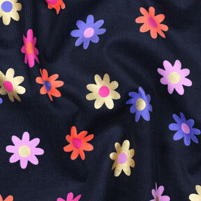 Babymanchester blommor med glittertryck | Poppy Fabrics – marinblå, 