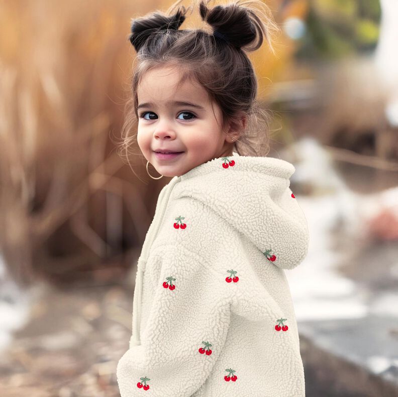 Teddyplysch broderade körsbär | Poppy Fabrics – elfenbensvit/chiliröd,  image number 5