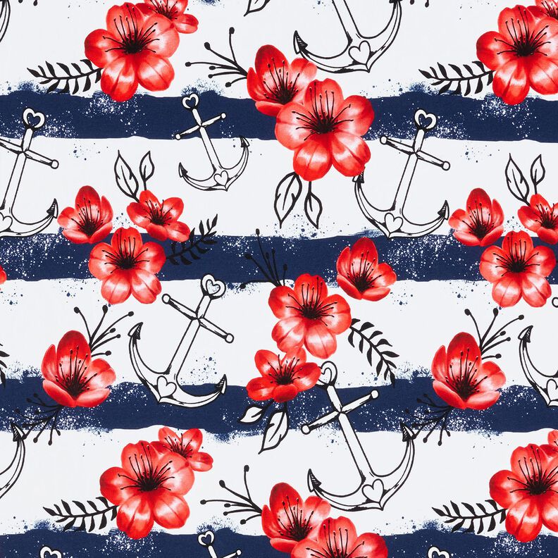 Bomullsjersey Ränder med blommor & ankare | Glitzerpüppi – vit/chiliröd,  image number 1