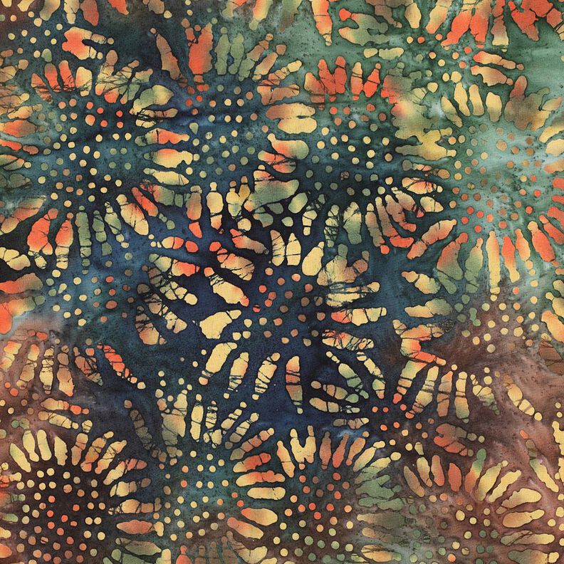 Bomullstyg Batiksolar – blågran/brun,  image number 1