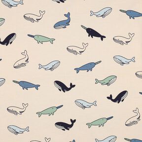Bomullsjersey Söta valar | Poppy Fabrics – cashew/marinblått, 