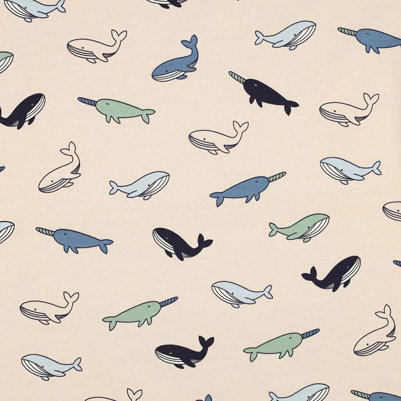 Bomullsjersey Söta valar | Poppy Fabrics – cashew/marinblått,  image number 1