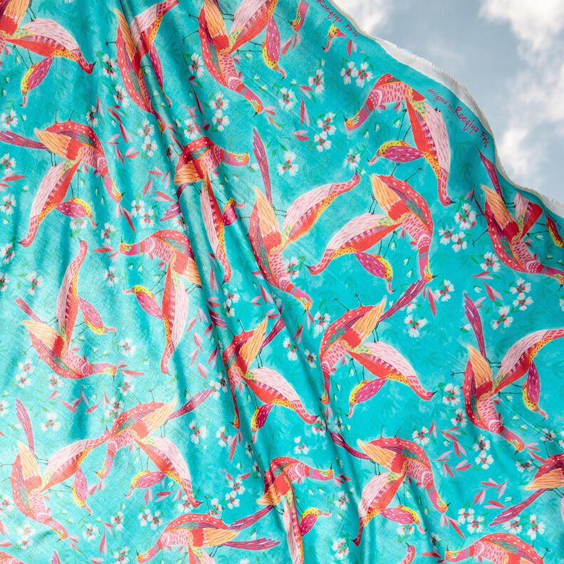 Strandkl&auml;der viskostyg p&aring;f&aring;glar och blommor &ndash; aquabl&aring;tt/intensiv rosa,  image number 6