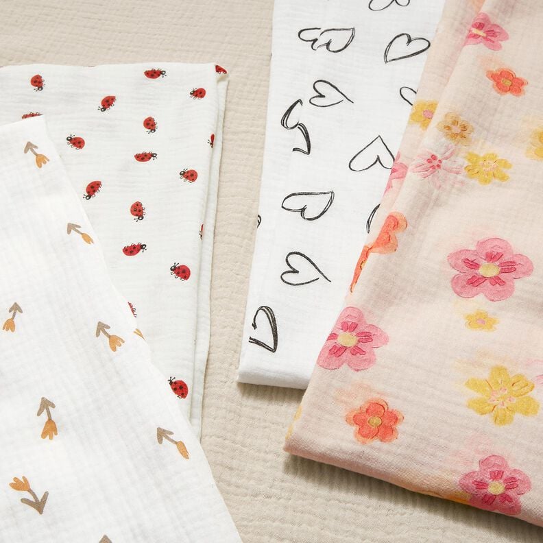 Muslin/Dubbel-krinkelväv klottrade hjärtan – elfenbensvit, image number 5