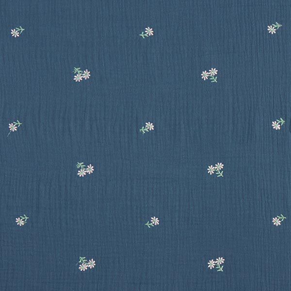 Muslin/Dubbel-krinkelväv broderade småblommor – jeansblå, image number 1