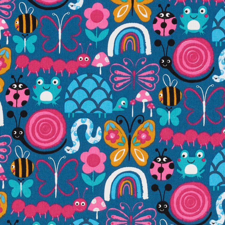 Bomullstyg Kretong fjärilar och bin – havsblå/intensiv rosa,  image number 1
