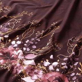 Bomullsjersey Brodyrtyg blommor i guldglitter | Glitzerpüppi – bordeauxröd/pastellfläder, 