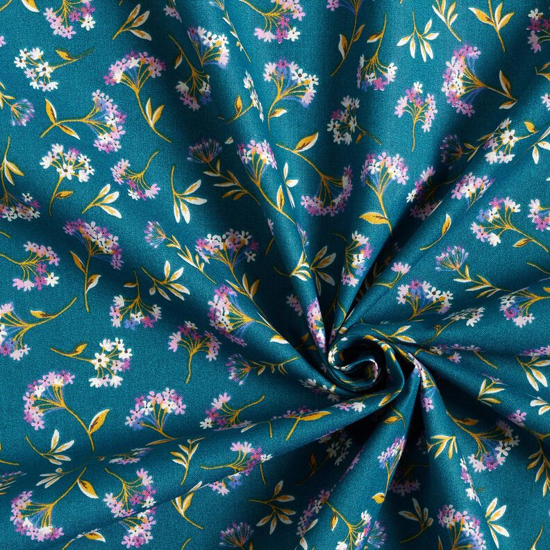 Bomullstyg Kretong späda blommor – havsblå,  image number 3