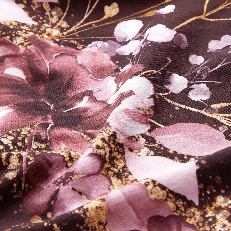 Bomullsjersey Brodyrtyg blommor i guldglitter | Glitzerpüppi – bordeauxröd/pastellfläder,  image number 7