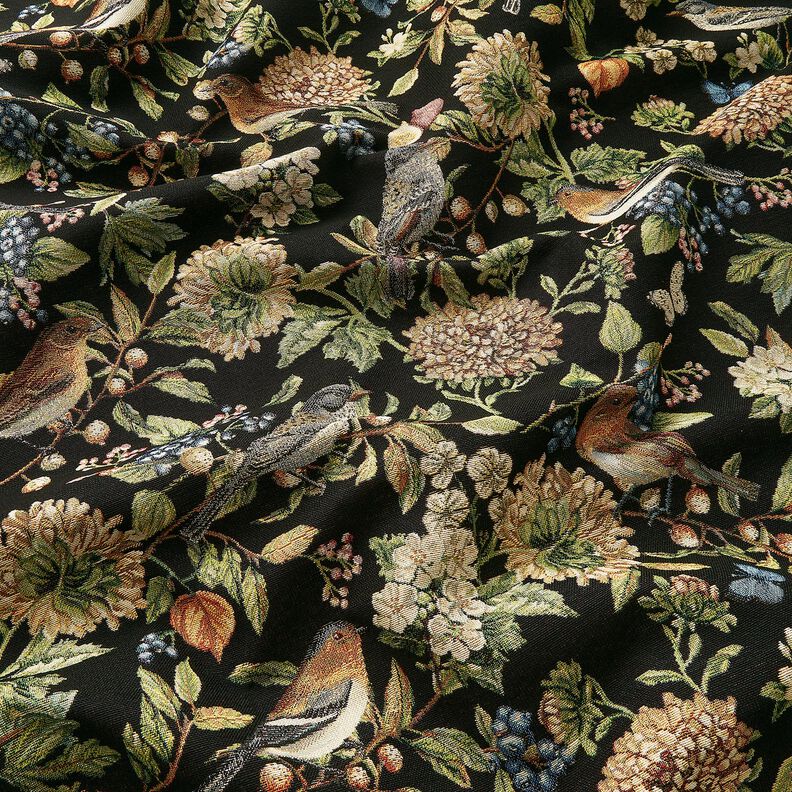 Dekorationstyg Gobeläng blommor och fåglar – svart/grön,  image number 2