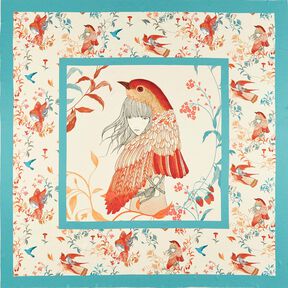 Satinpanel fåglar och älvor | Katia Fabrics – aquablå/kräm, 