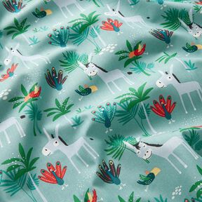 Bomullstyg Kretong åsnor och påfåglar – eukalyptus,  Bomullstyg Kretong åsnor och påfåglar – eukalyptus,