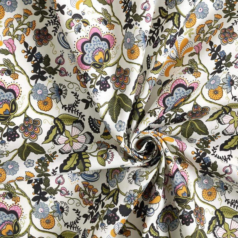 Bomullspoplin paisley-blommor – elfenbensvit/duvblå,  image number 3