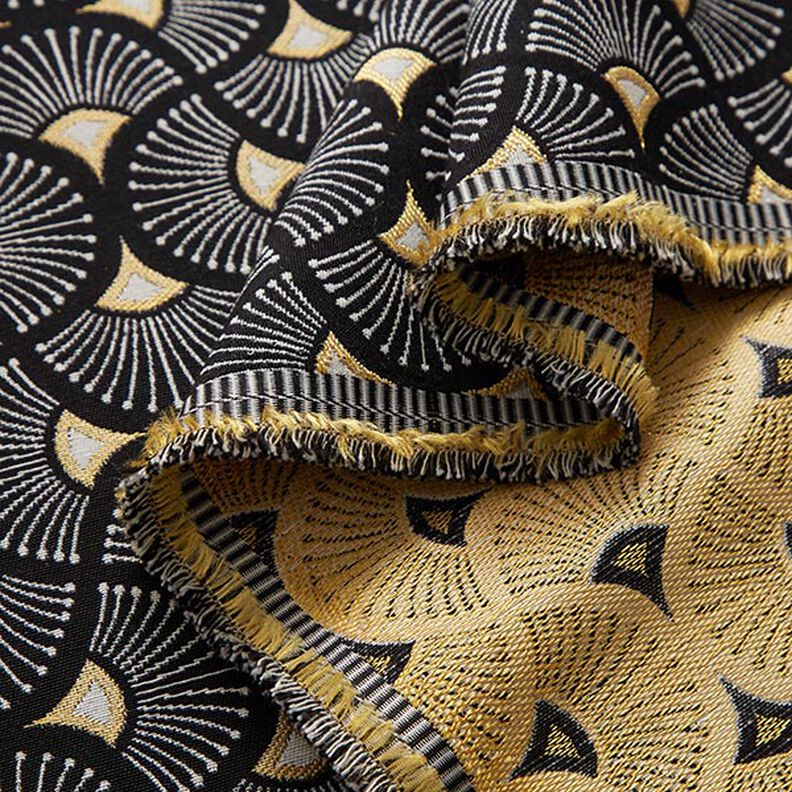 Dekorationstyg Jacquard Små solfjädrar – svart/guld,  image number 3